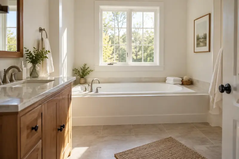 Illustrative photograph of an empty home bathroom with a standard bath, taps and folded towels.