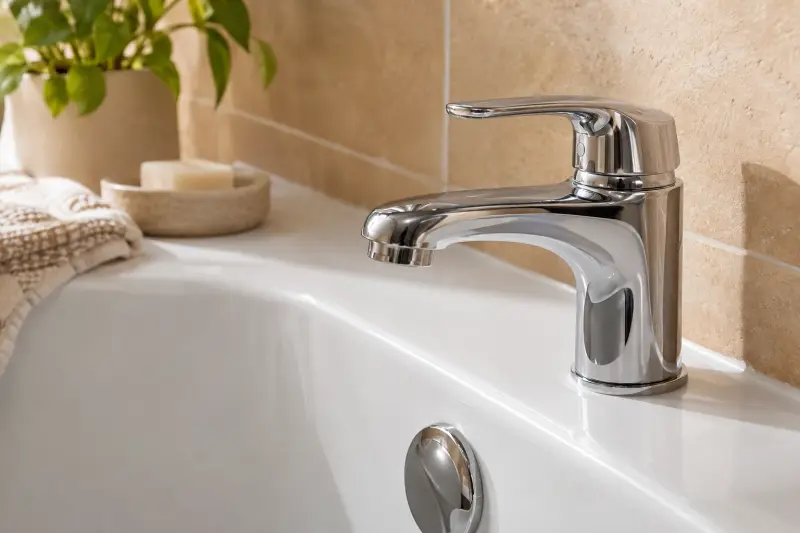 Illustrative close-up photograph of a chrome tap and dry white bathroom fixture rim.