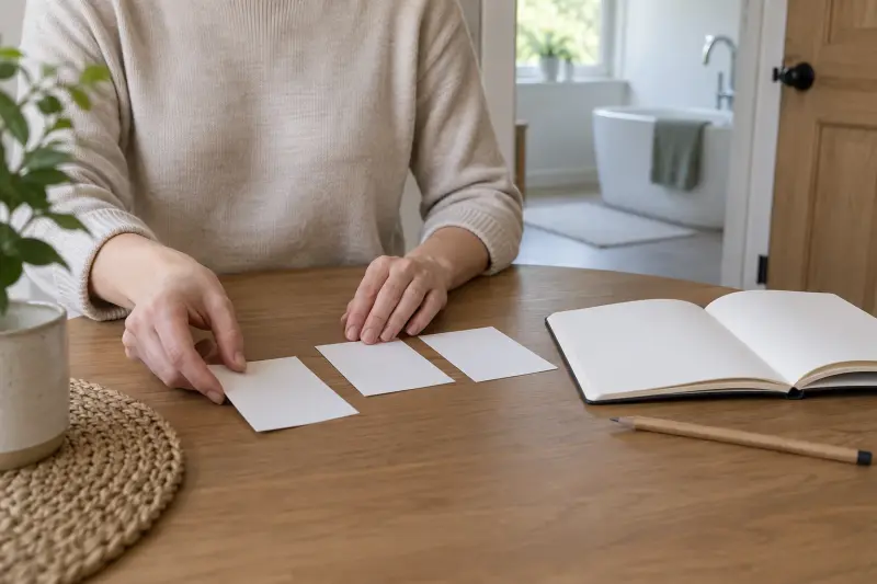 Illustrative photograph of hands arranging three blank cards beside an open blank notebook.