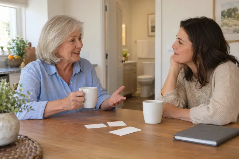 Illustrative photograph of two women discussing blank cards and a notebook at a kitchen table.