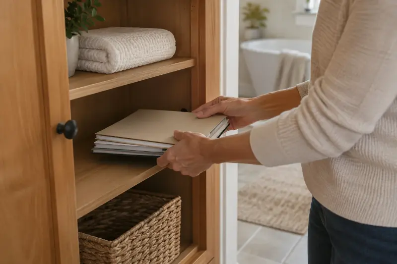 Illustrative photograph of plain household booklets being stored in a cabinet beside folded towels.