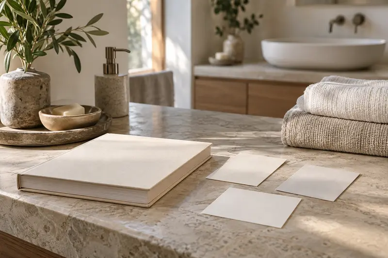 Illustrative dry bathroom counter with a closed manual, blank cards and folded towels.