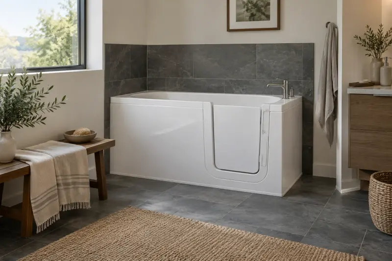 Empty white bath with a closed side door in a calm tiled bathroom