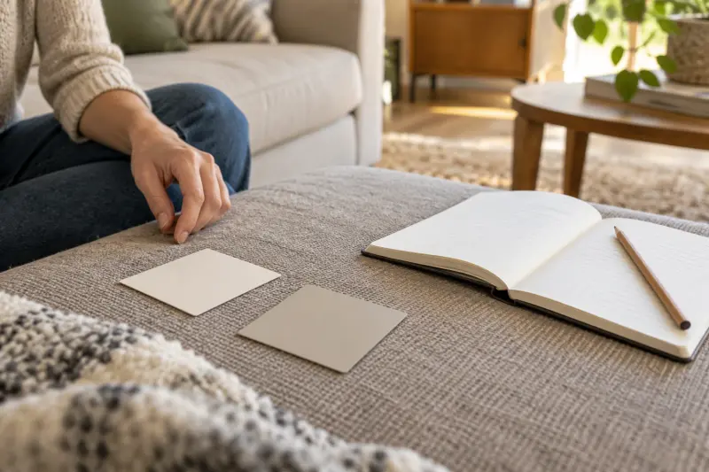 Blank cards and an open notebook on a fabric ottoman