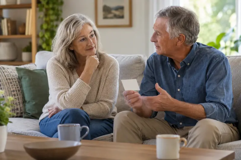 Older adults discussing preferences while holding a blank card