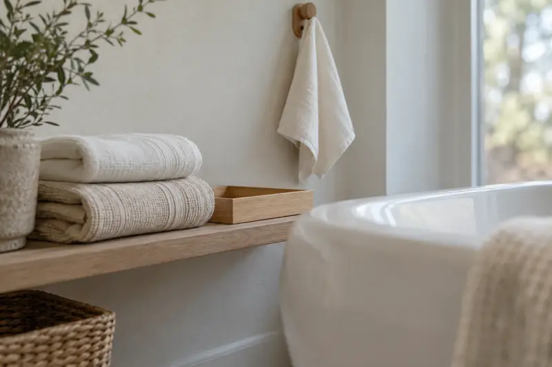 Linen towels, a hanging cloth and a wooden tray beside a dry bath