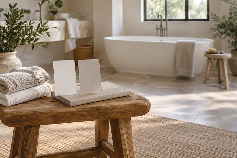 Illustrative ordinary bathroom with two blank comparison cards and towels on a wooden bench.