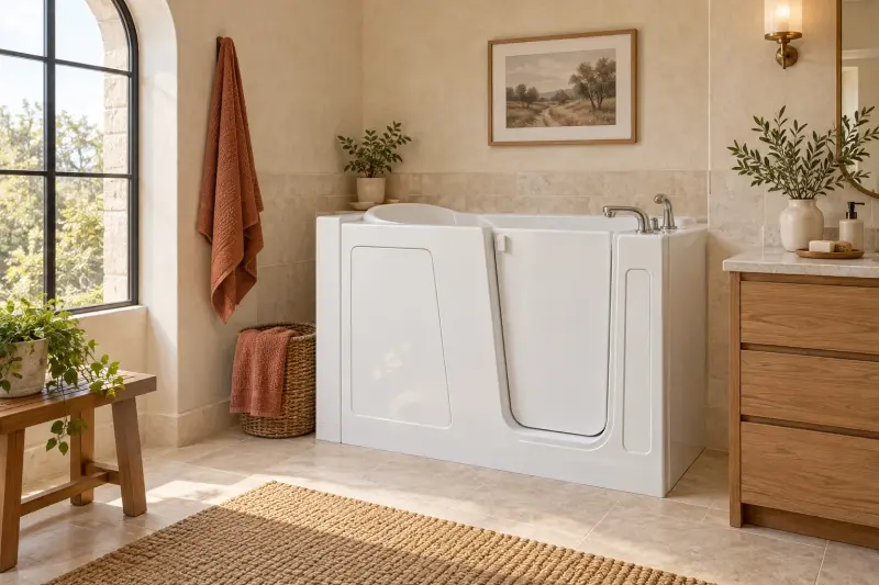 Illustrative dry empty walk-in bath in a sand-toned bathroom with an arched window.