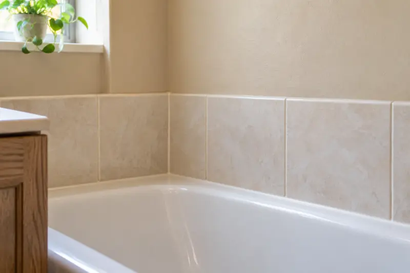 Illustrative tiled wall and plaster finish above a dry bath rim.