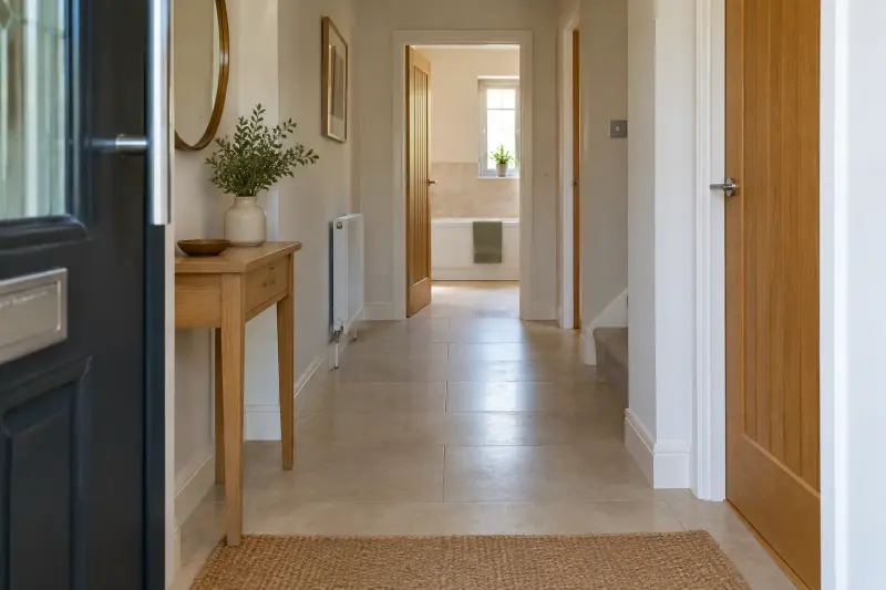 Illustrative empty ground-floor hallway with open doorways and a level floor.