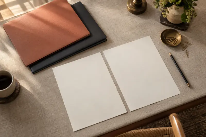 Illustrative closed document folders beside two blank comparison sheets and a pencil.