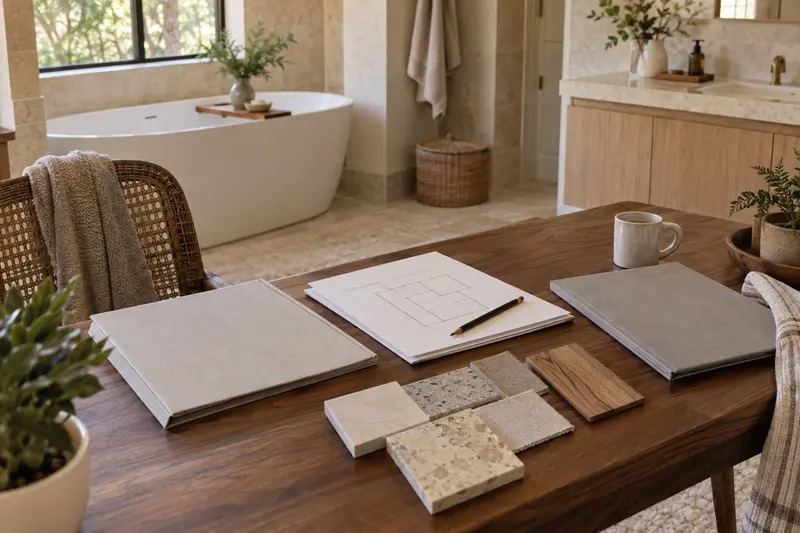 Illustrative bathroom planning desk with a floor sketch, plain folders and material samples.