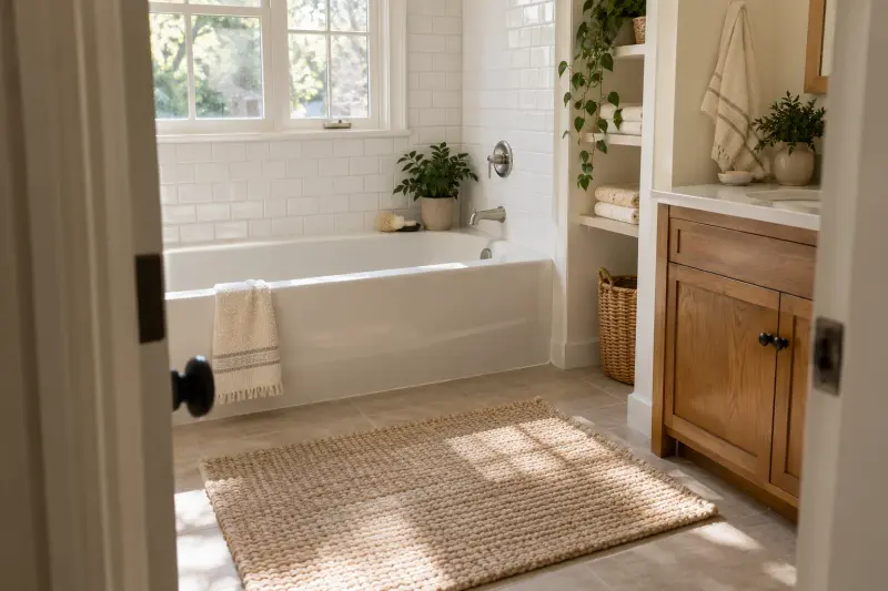 Illustrative photograph of an empty bathroom with a white bathtub, wooden cabinet and folded towels.