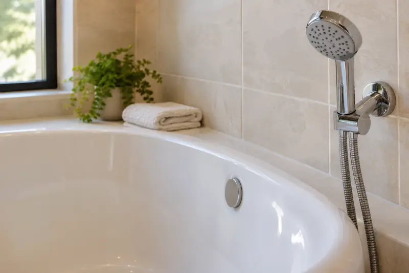 Illustrative photograph of a dry white bathtub rim and an unused chrome handshower.