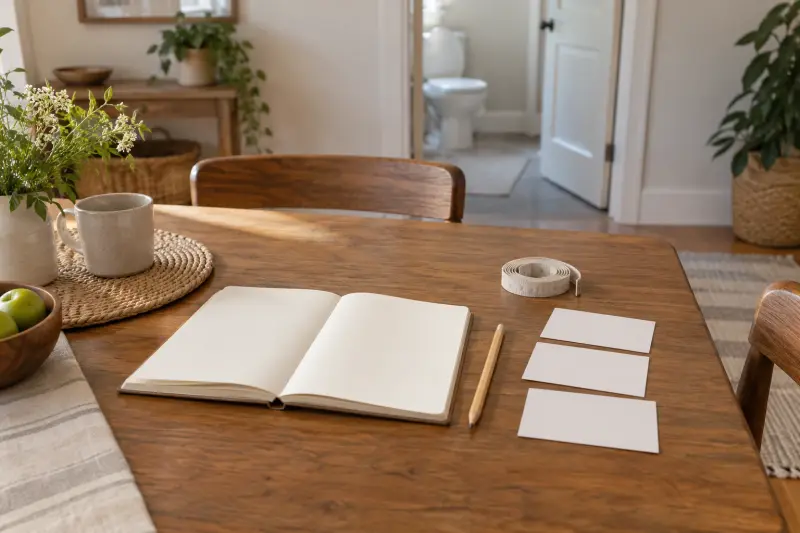 Illustrative photograph of a blank notebook, question cards and a rolled measuring tape on a wooden table.