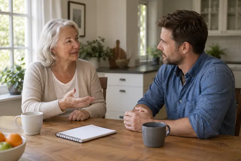 Illustrative photograph of a woman and a man discussing household preferences at a kitchen table.