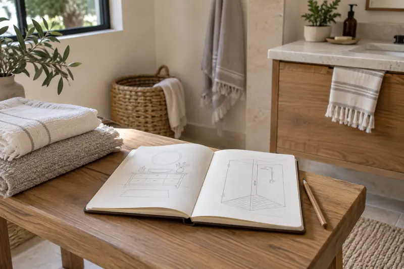 Illustrative bathroom sketch notebook and towels on a wooden bench.