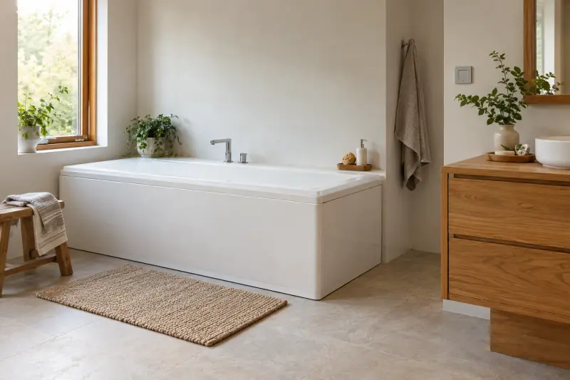 Dry white bath and separate faucet beside a wooden vanity