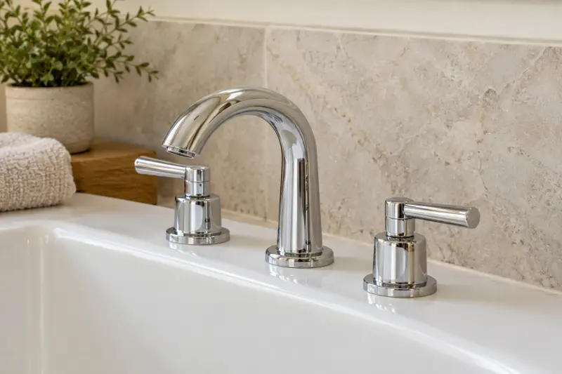 Plain chrome faucet and two unlabelled knobs on a dry white bath rim