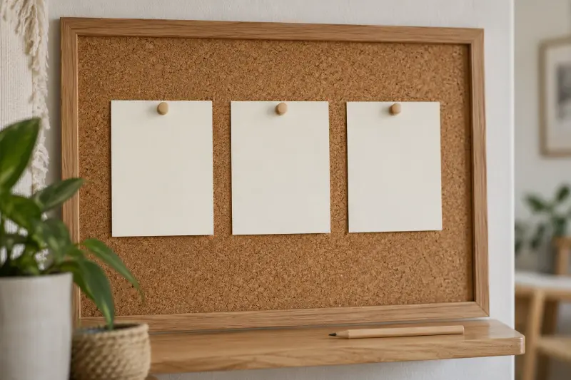 Three blank cards pinned separately to a wooden-framed noticeboard
