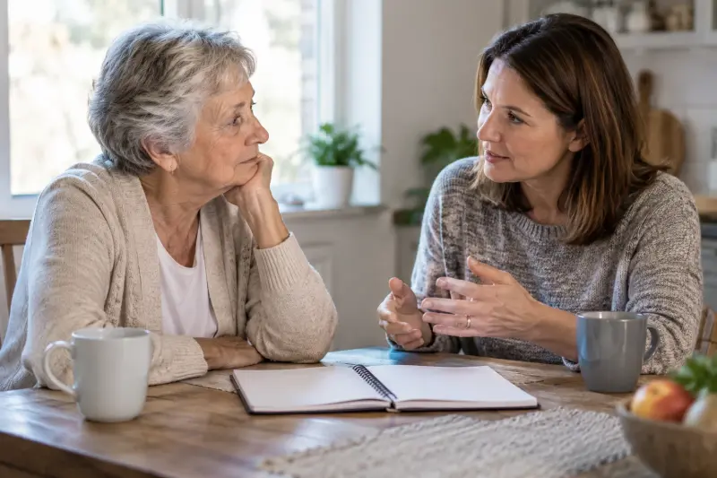 Two adults talking beside an open blank notebook at home