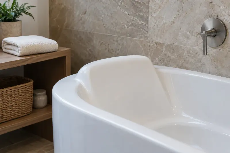 Smooth white bath back contour with towels on a nearby shelf