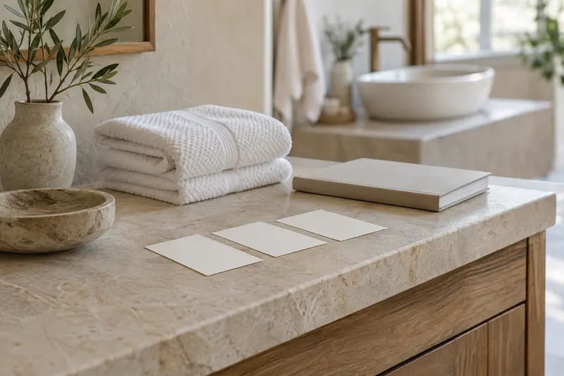 Illustrative bathroom planning cards beside a closed manual and white towels.