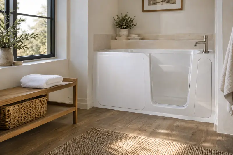 Illustrative folded white towel on a wooden shelf beside an empty door-entry bathtub.