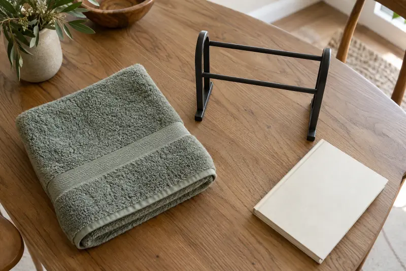 Illustrative towel, small freestanding rack and closed blank notebook on a wooden table.