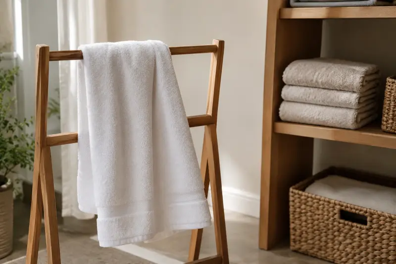 Illustrative white towel draped on a wooden rack beside a separate stack of folded towels.