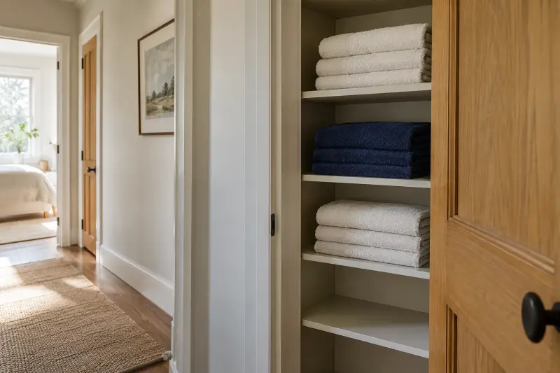 Illustrative open linen cupboard with folded cream and navy towels in a hallway.