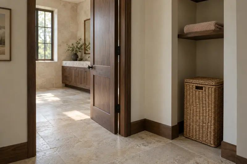 Illustrative bathroom doorway beside a basket alcove and folded towel shelf.