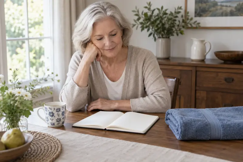 Lectora mayor ilustrativa mirando un cuaderno en blanco junto a una toalla azul doblada.