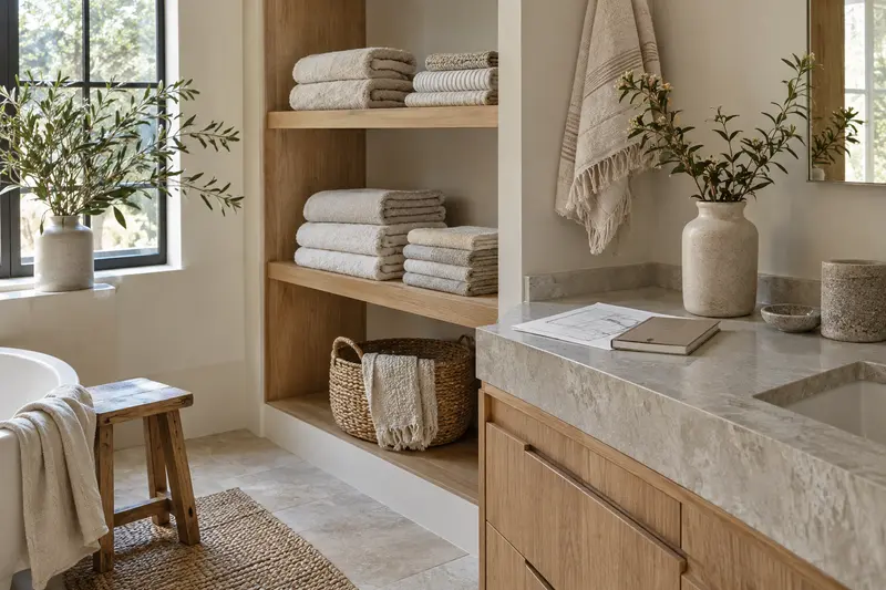Illustrative bathroom towel shelves beside a room sketch and notebook on a stone counter.