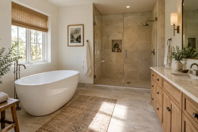 Illustrative photograph of an empty bathroom with a freestanding bathtub and a separate glass shower.