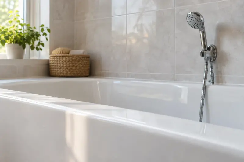 Illustrative photograph of a dry bathtub rim and a chrome handshower resting on its holder.