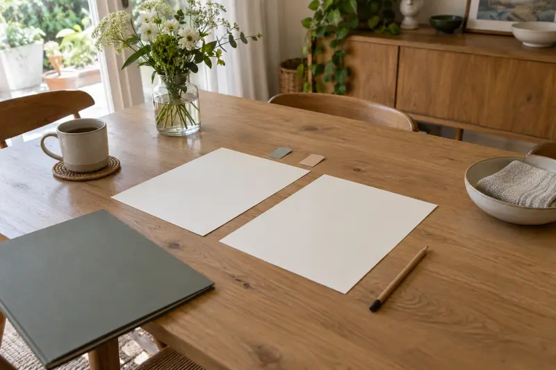 Illustrative photograph of two blank comparison sheets, a folder and a folded washcloth on a wooden table.
