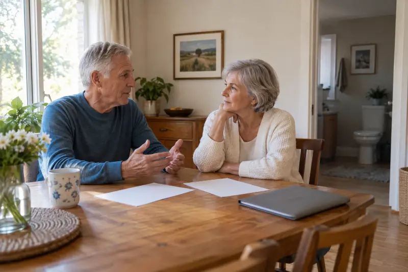 Illustrative photograph of a couple discussing household choices with blank notes at a dining table.