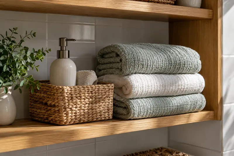 Illustrative photograph of folded towels and a small toiletry basket on a wooden bathroom shelf.
