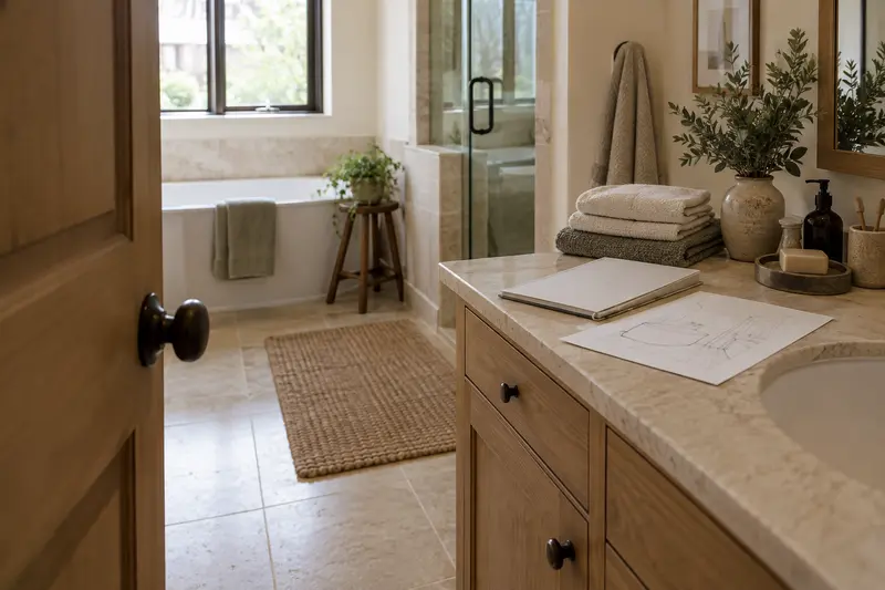 Illustrative bathroom planning scene with folded towels and a plain folder on a stone counter.