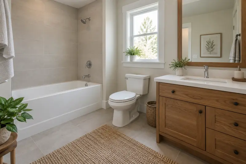 Dry bathroom with a white bath, tiled surrounds and wooden vanity
