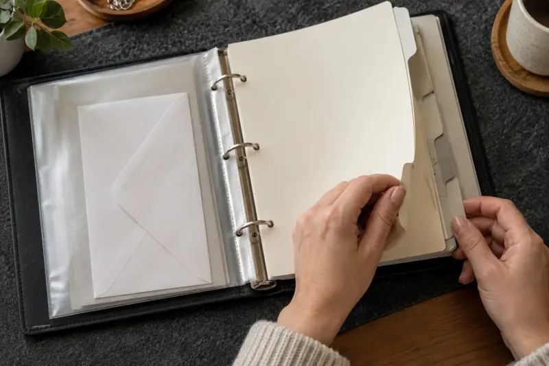 Blank document dividers and a plain envelope in a household binder