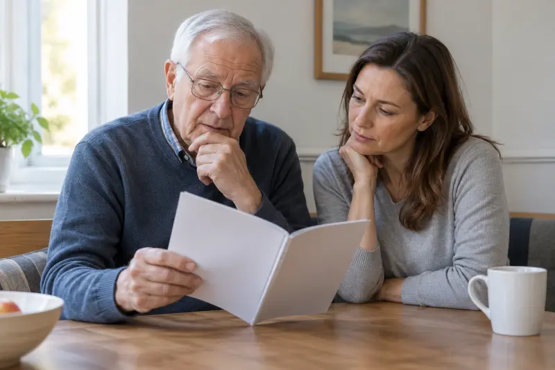 Two adults reading an unmarked booklet together at home