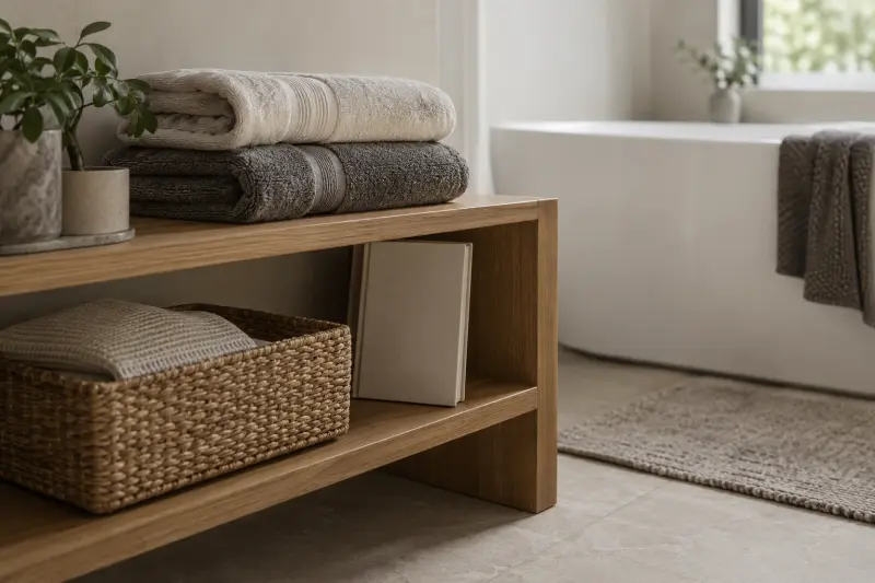 Folded towels, a cloth basket and an unmarked booklet on a bathroom shelf