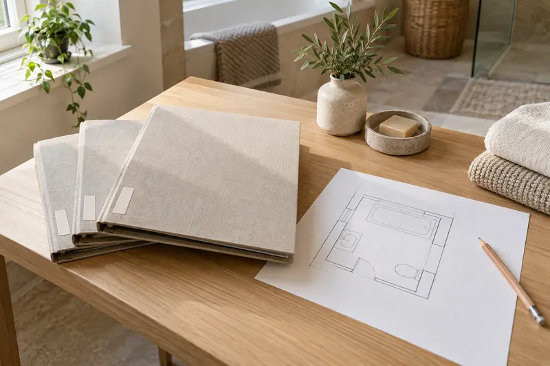 Illustrative plain document folders, bathroom sketch and pencil on a wooden table.
