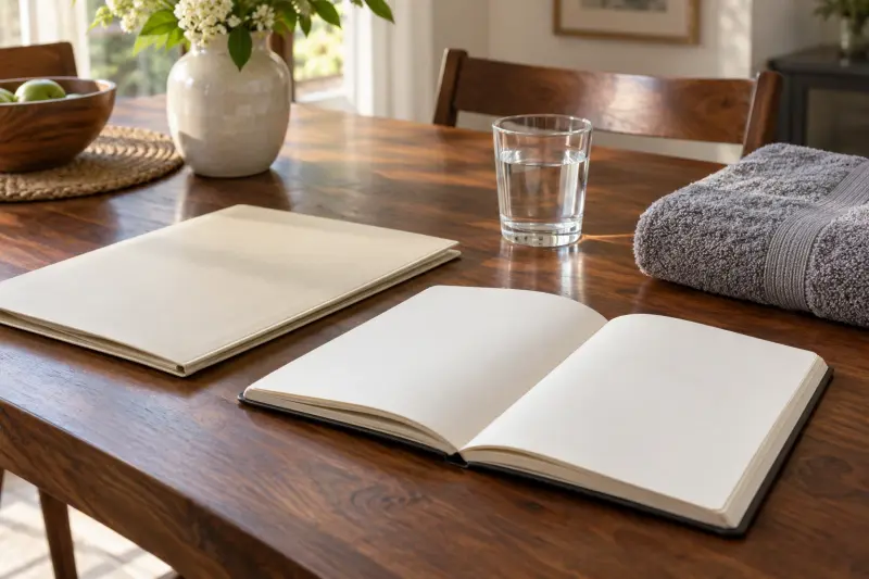 Illustrative blank notebook, document folder, gray towel and water glass on a wooden table.