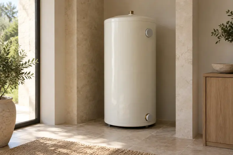 Illustrative unbranded cylindrical water tank displayed without a connected pipe network.