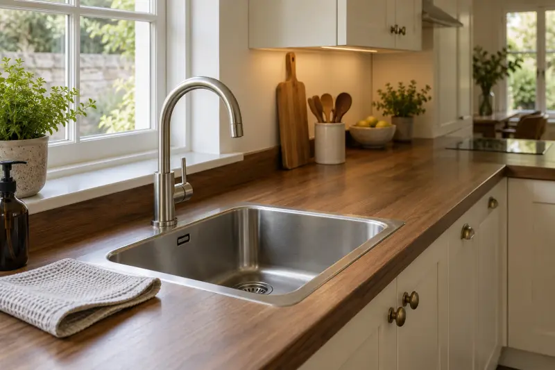 Illustrative empty kitchen with a closed tap above a sink and a folded dishcloth.