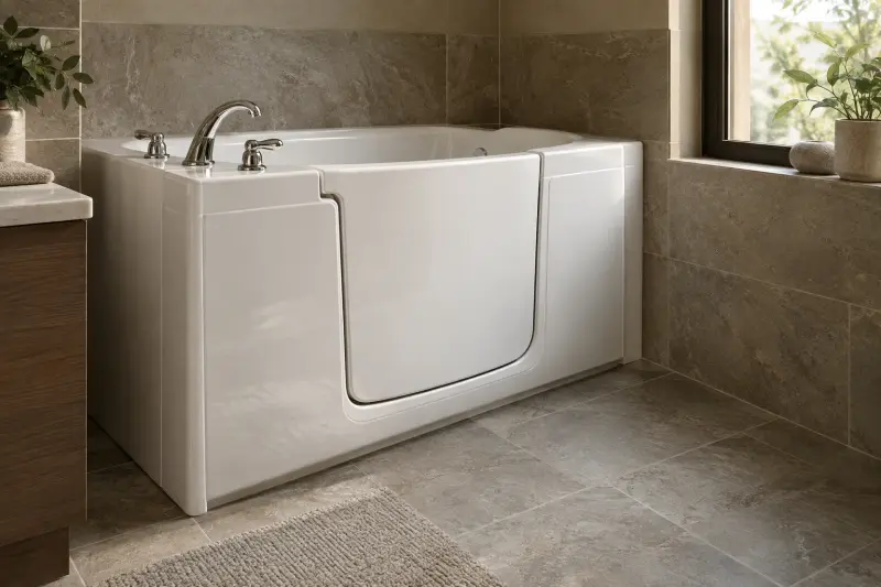 Illustrative empty door-entry bathtub with its door closed and taps shut.