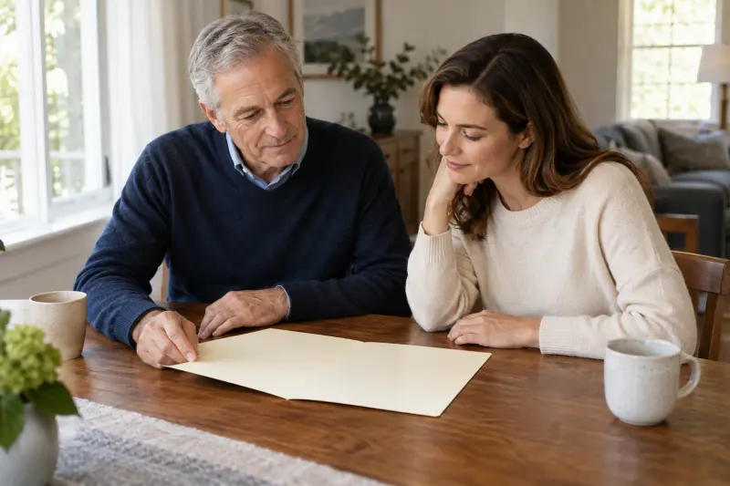 Illustrative older man and adult woman looking together at a blank document folder.